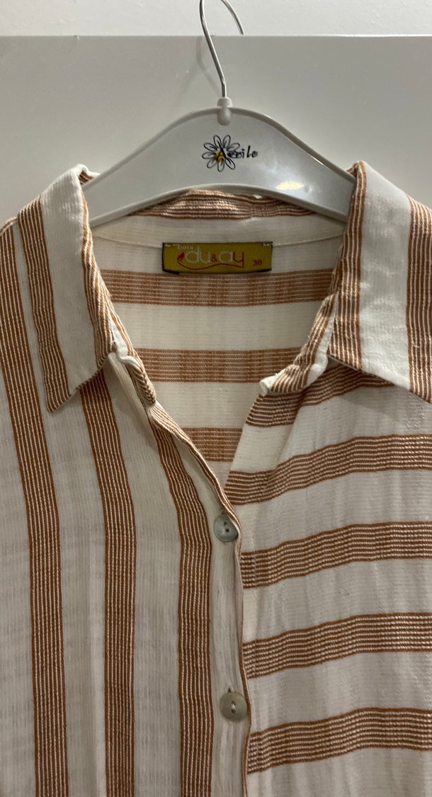 Bej Çizgili Uzun Keten Kadın Gömlek - Görsel 2