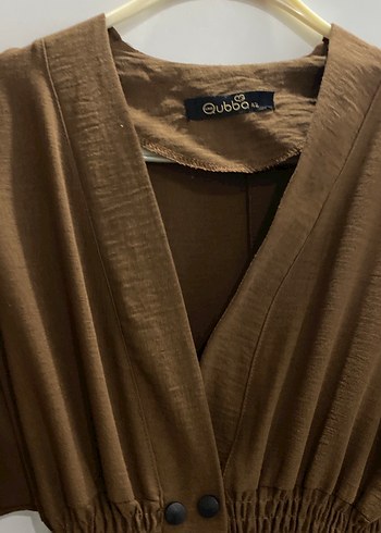 Düğmeli Kahverengi Uzun Keten Elbise - Görsel 2