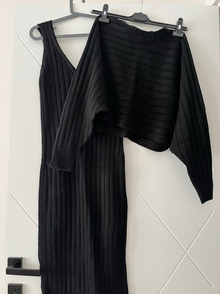 Siyah Uzun Fitilli Triko Elbise - Görsel 2