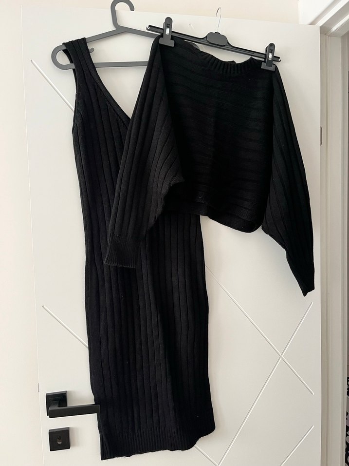 Siyah Uzun Fitilli Triko Elbise - Görsel 3