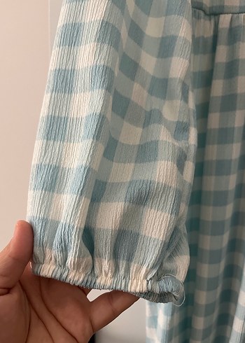 Kadın Mavi Ekoseli Uzun Elbise - Görsel 2