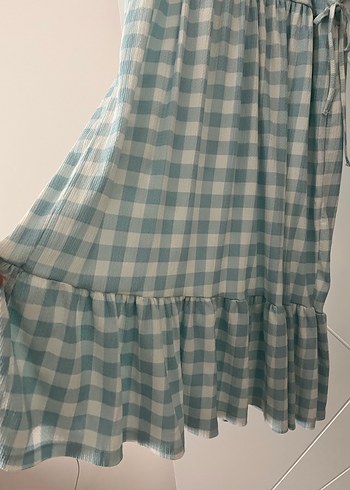 Kadın Mavi Ekoseli Uzun Elbise - Görsel 3