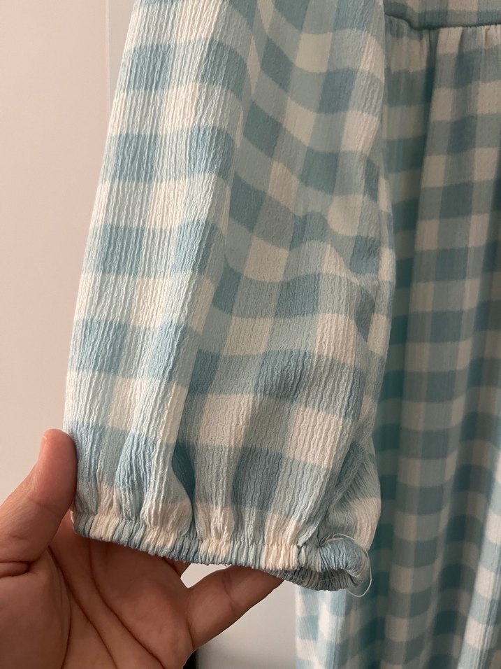 Kadın Mavi Ekoseli Uzun Elbise - Görsel 2