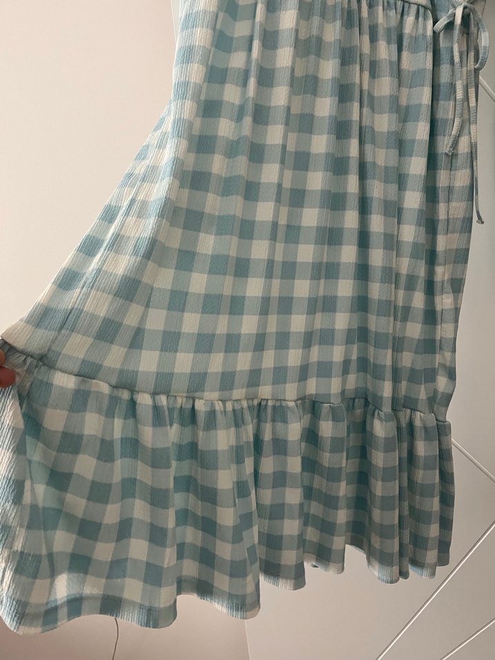 Kadın Mavi Ekoseli Uzun Elbise - Görsel 3