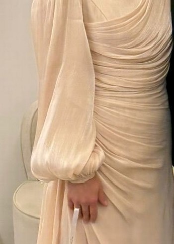 Bej Drapeli Uzun Kadın Elbise - Görsel 2