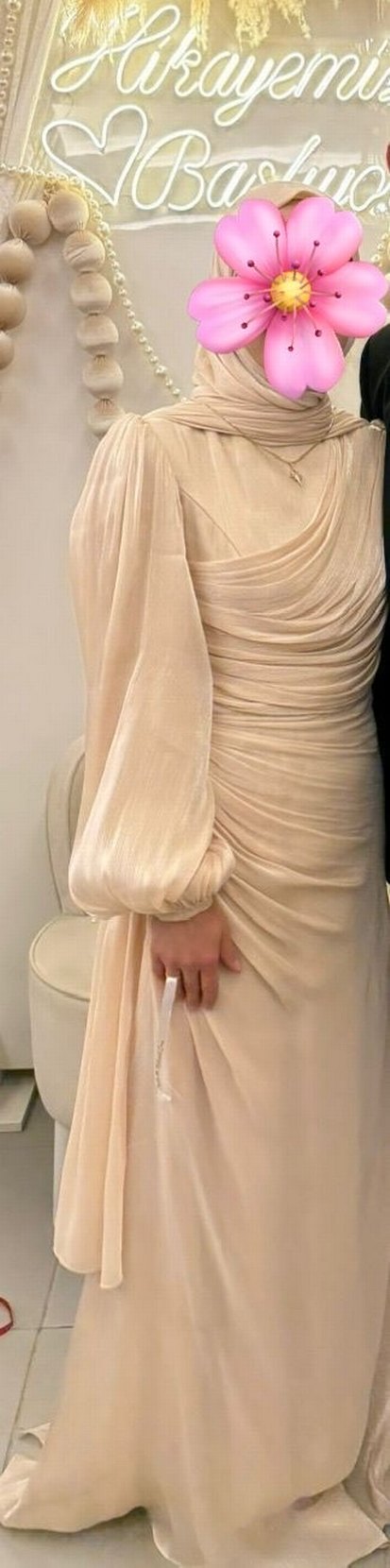 Bej Drapeli Uzun Kadın Elbise - Görsel 2