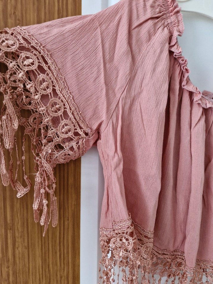 Pembe Keten Bohem Kısa Bluz - Görsel 2