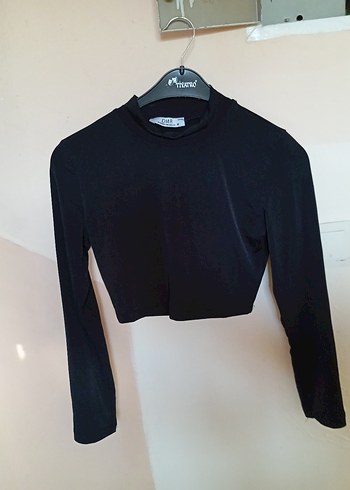 m Beden Siyah Uzun Kollu Crop Top