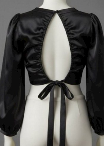 siyah saten yeni Zara marka arkadan bağlamalı mini üst - Görsel 2