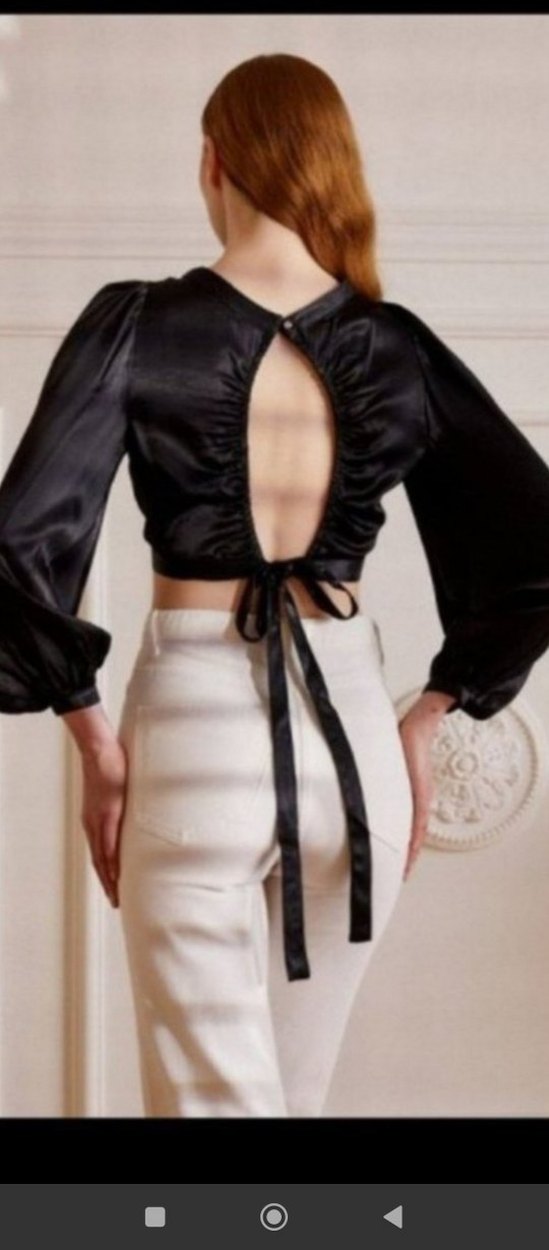 siyah saten yeni Zara marka arkadan bağlamalı mini üst - Görsel 3