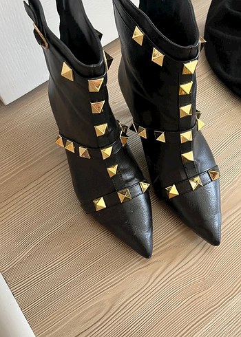 Siyah Deri Rock Punk Yüksek Topuklu Botlar