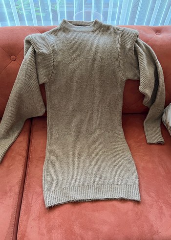 Bej Yüksek Yakalı Triko Elbise - Görsel 5