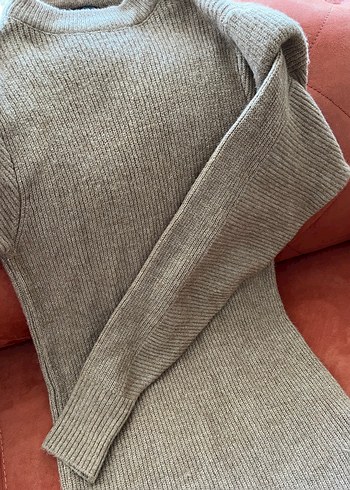 Bej Yüksek Yakalı Triko Elbise - Görsel 3