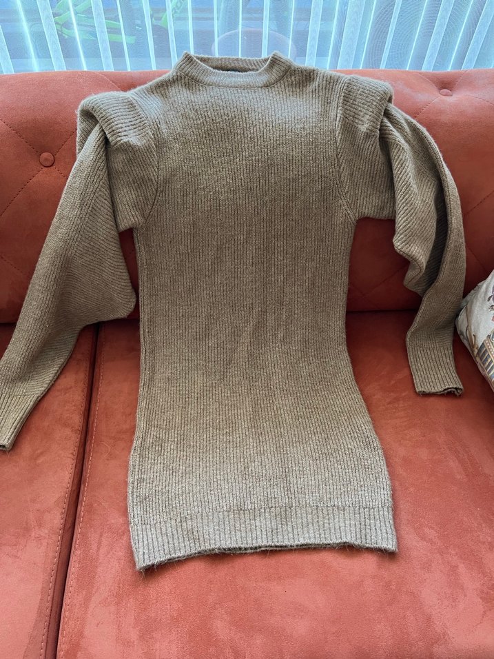 Bej Yüksek Yakalı Triko Elbise - Görsel 5