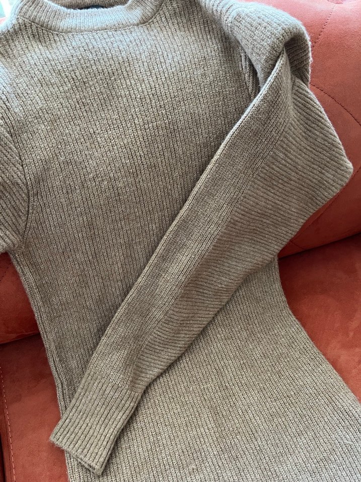 Bej Yüksek Yakalı Triko Elbise - Görsel 3