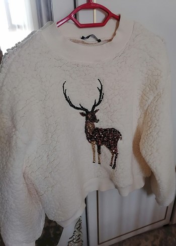 Beyaz Nakışlı Peluş Kadın Sweatshirt - Görsel 2