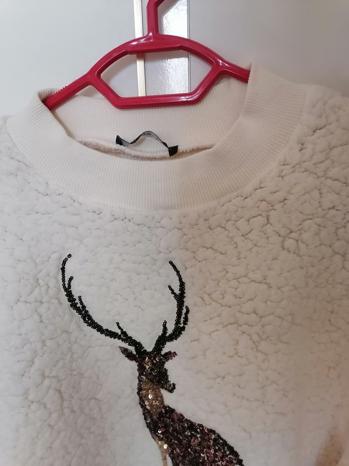 Beyaz Nakışlı Peluş Kadın Sweatshirt - Görsel 3