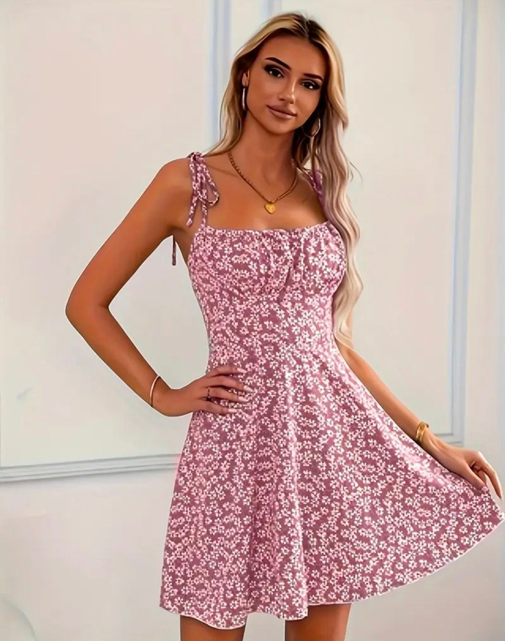 Pembe Çiçekli Dantel Detaylı Mini Elbise - Görsel 3