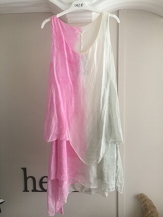 Toz Pembe/Beyaz İpek Elbise
