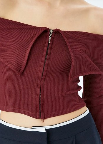 Bordo Straplez Fermuarlı Mini Bluz