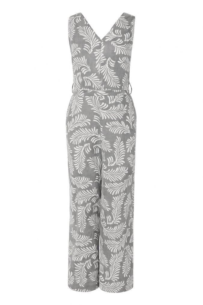 Gri V Yaka Kemerli Keten Tulum - Görsel 2