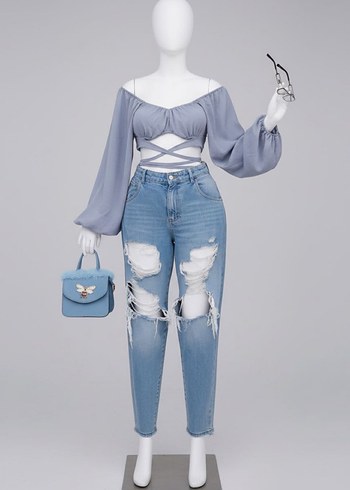 Bershka Gri Drapeli Kadın Bluz, Bağcıklı, Uzun Kollu