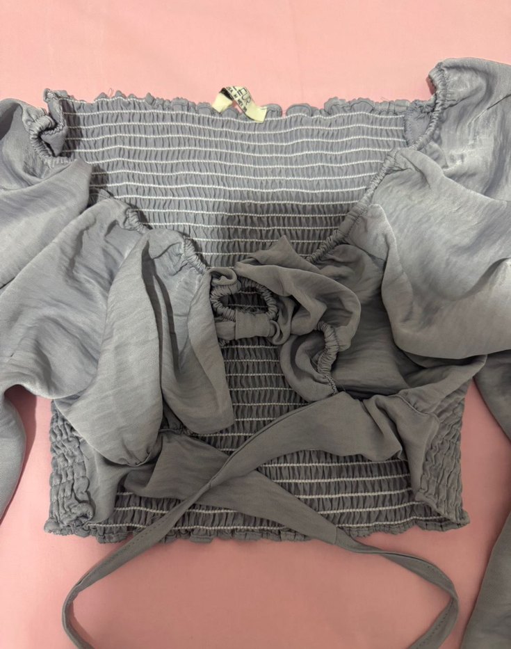 Gri Drapeli Kadın Bluz, Bağcıklı, Uzun Kollu - Görsel 3