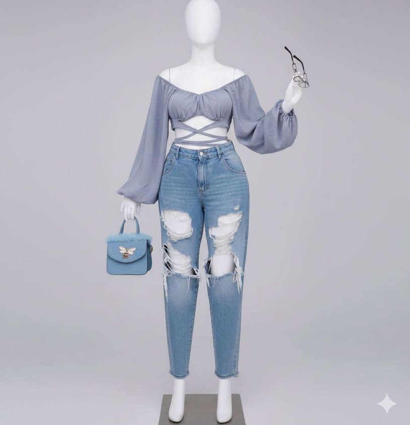 Gri Drapeli Kadın Bluz, Bağcıklı, Uzun Kollu - Görsel 2