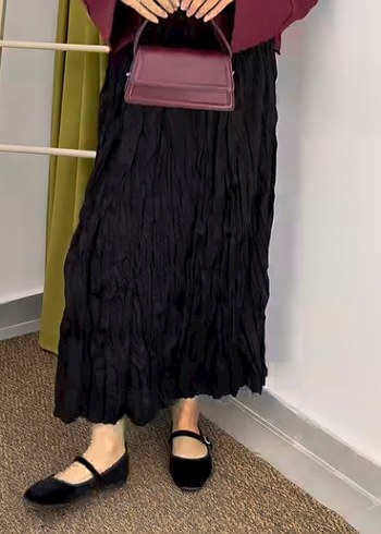 Zara Kırışık Detaylı Siyah Uzun Etek