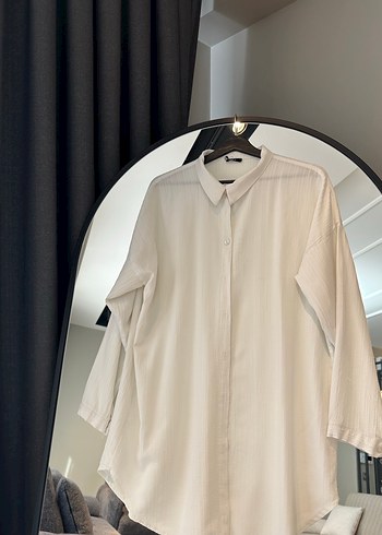 Beyaz Keten Oversize Gömlek - Görsel 2