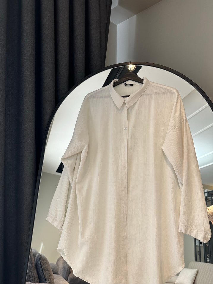 Beyaz Keten Oversize Gömlek - Görsel 2
