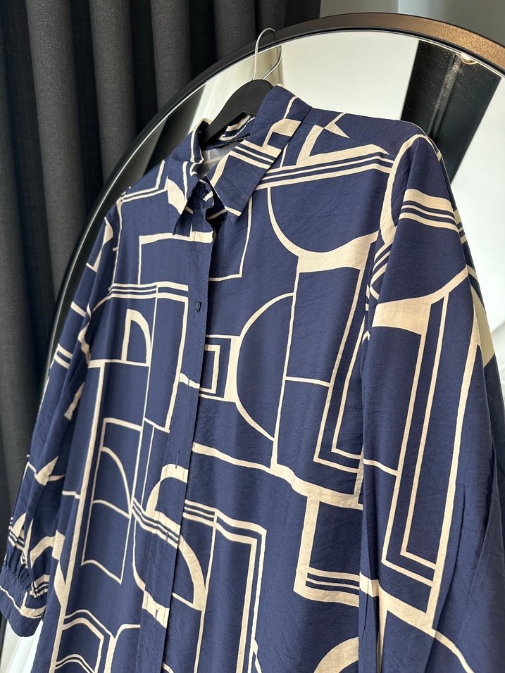 Geometrik Desenli Mavi tunik  Gömlek - Görsel 2