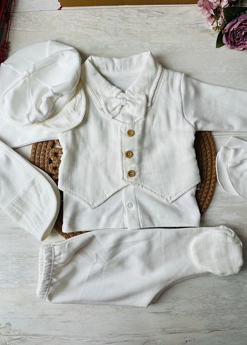 Beyaz Pamuklu Bebek Erkek Takım - Görsel 5