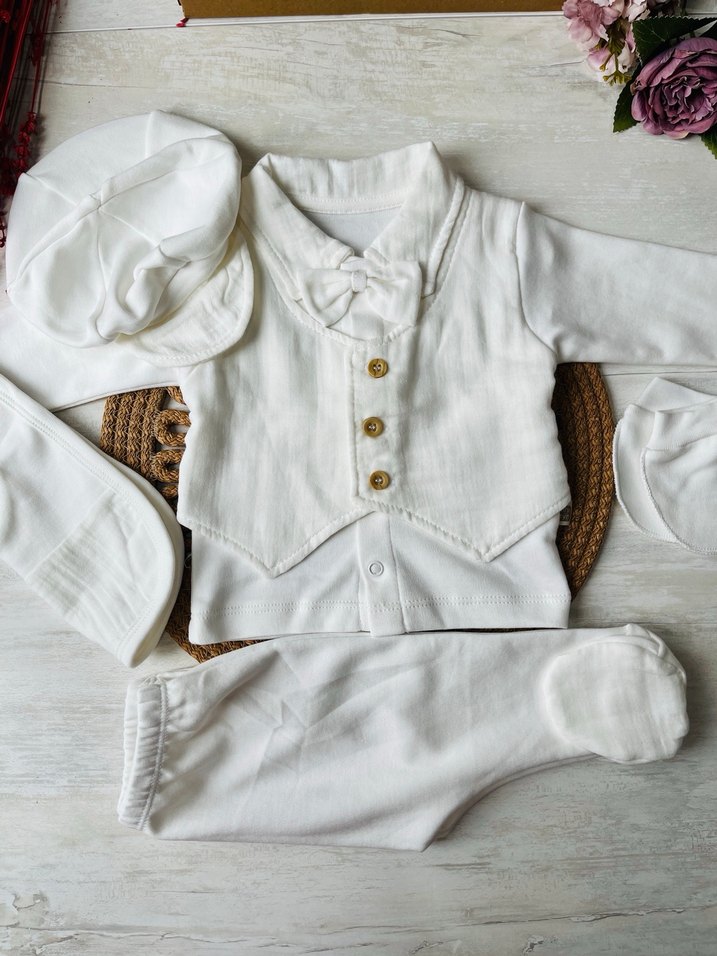 Beyaz Pamuklu Bebek Erkek Takım - Görsel 5
