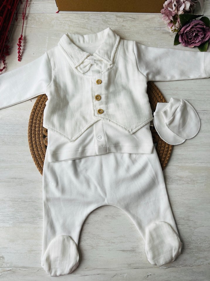 Beyaz Pamuklu Bebek Erkek Takım - Görsel 2