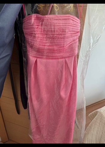 s Beden pembe Renk Pudra Drapeli Straplez Uzun Abiye Elbise