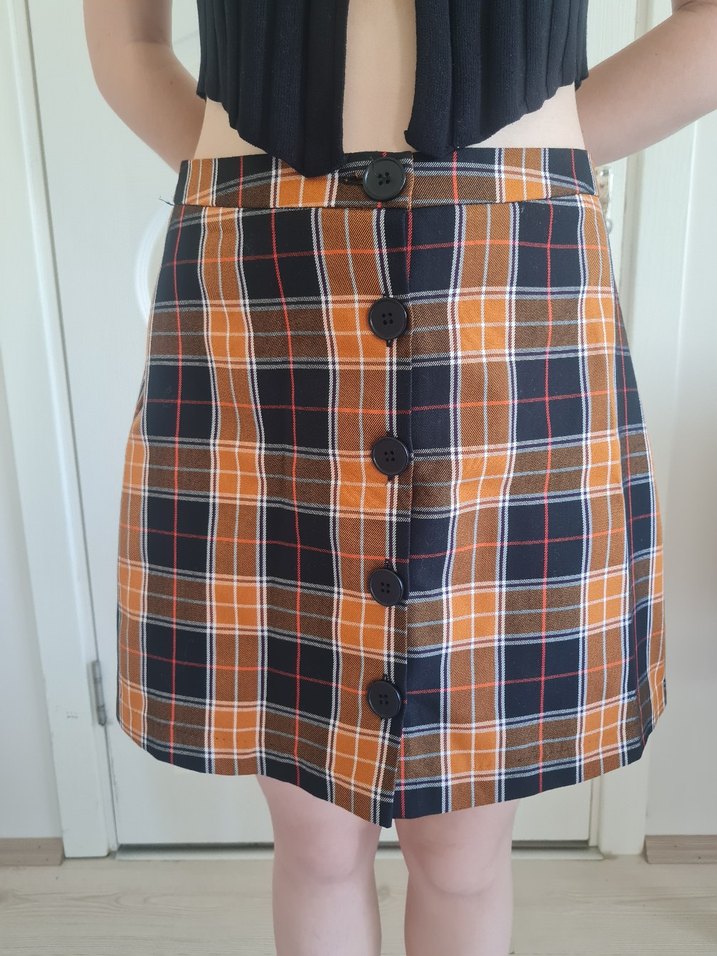 Düğmeli Kahverengi Ekose Midi Etek - Görsel 3