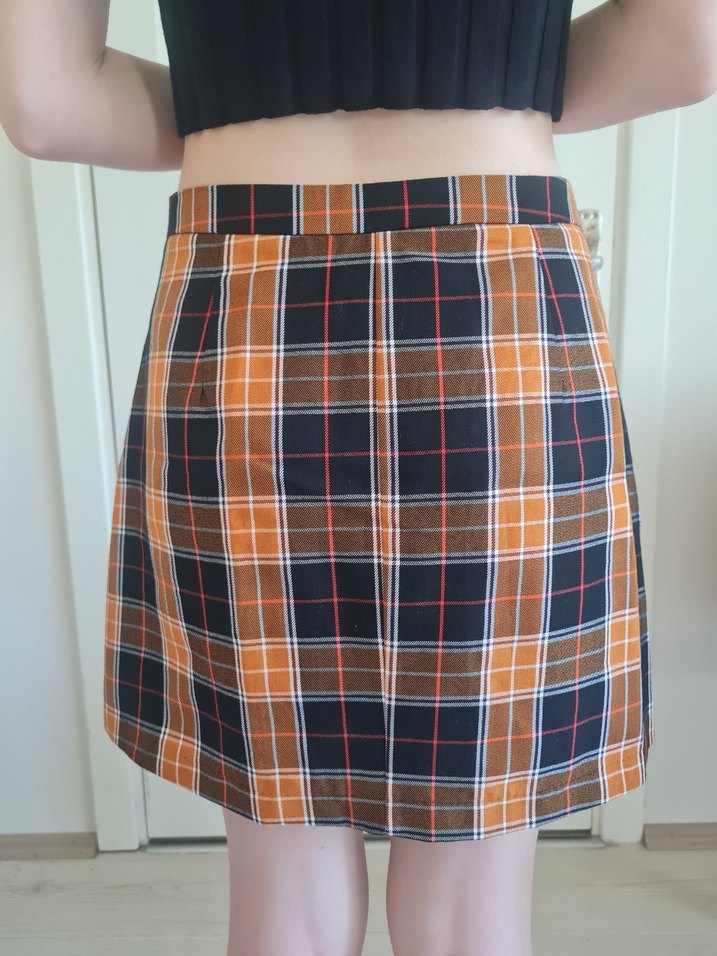 Düğmeli Kahverengi Ekose Midi Etek - Görsel 2