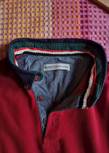 Düğmeli Gri Yaka Kırmızı Erkek Sweatshirt - Görsel 9