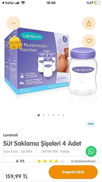 Lansinoh süt sağma kabı 4 lü hediyeli