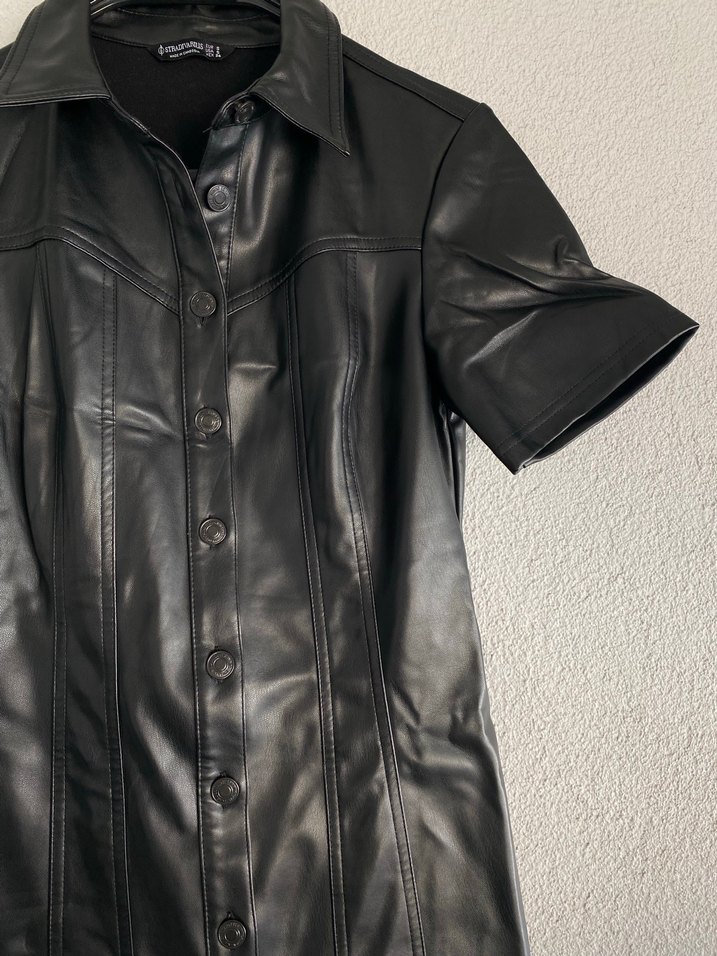 Düğmeli Siyah Deri Midi Elbise - Görsel 2