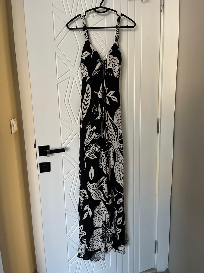 Otantik Desenli Siyah Bağlamalı Uzun Elbise - Görsel 2