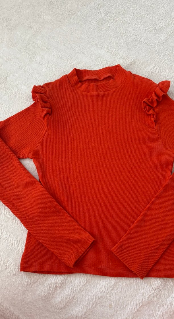 Turuncu Omuzu Fırfırlı Kadın Kazak - Görsel 5