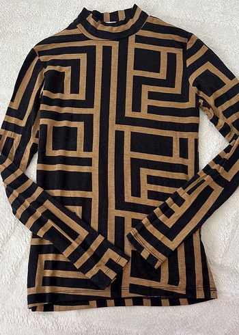 Kadın Kahverengi Desenli Balıkçı Yaka Triko Bluz - Görsel 3