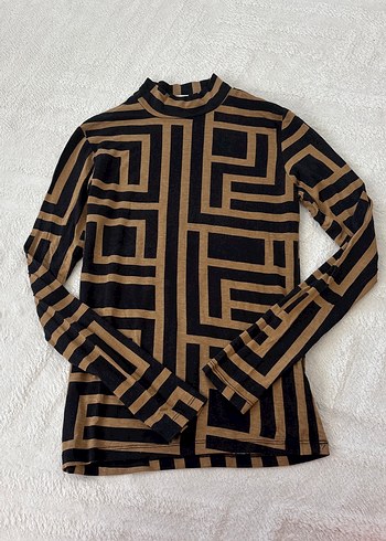 Kadın Kahverengi Desenli Balıkçı Yaka Triko Bluz - Görsel 2