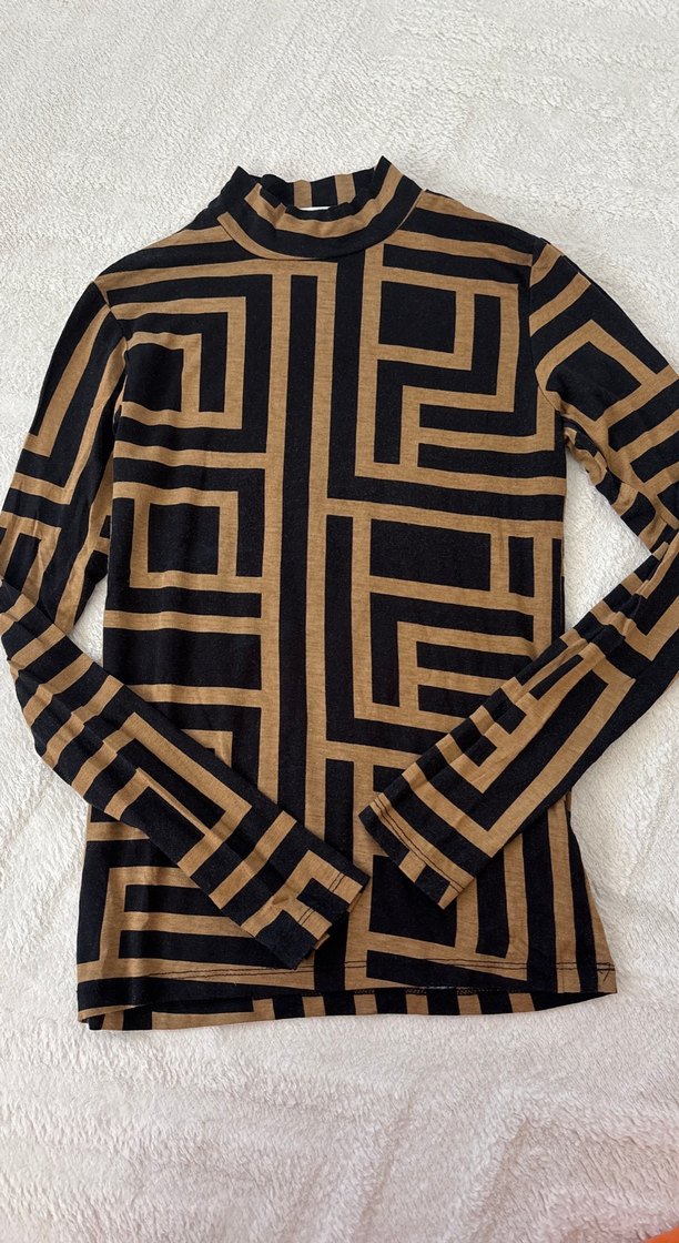 Kadın Kahverengi Desenli Balıkçı Yaka Triko Bluz - Görsel 3