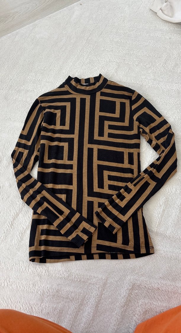 Kadın Kahverengi Desenli Balıkçı Yaka Triko Bluz - Görsel 2