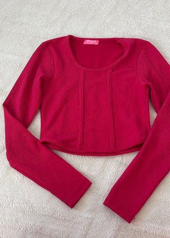 Pembe Uzun Kollu crop Kadın Kazak - Görsel 4