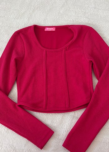 Pembe Uzun Kollu crop Kadın Kazak - Görsel 2