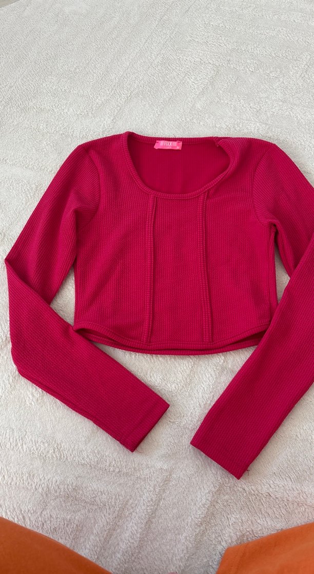 Pembe Uzun Kollu crop Kadın Kazak - Görsel 4